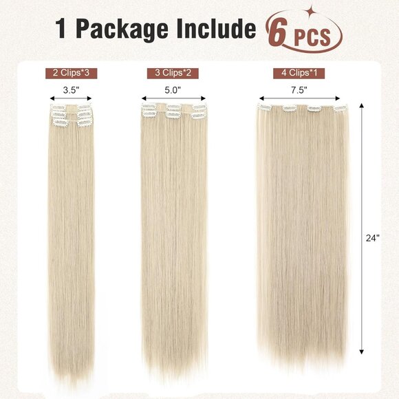New 6PC Clip-in Hair Extensions 24" Long Straight Synthetic - Platinum Blonde - Picture 4 of 5